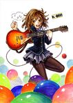  ball blazer brown_eyes brown_hair guitar hair_ornament hairpin hirasawa_yui instrument jacket k-on! musical_note nabeya_sakihana open_mouth pantyhose plectrum round_teeth school_uniform short_hair smile solo teeth traditional_media 