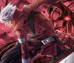  angry black_hakama blazblue devoured_by_darkness hakama heterochromia highres japanese_clothes kaneaki_mukku male_focus manly ragna_the_bloodedge silver_hair solo 