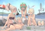  5girls akinbo_(hyouka_fuyou) bad_id bad_pixiv_id barefoot beach bikini blonde_hair blue_eyes brown_hair cross_eyed day feet green_hair gumi hair_ornament hair_ribbon hairclip hatsune_miku jpeg_artifacts kagamine_len kagamine_rin kaito kamui_gakupo legs long_hair megurine_luka meiko multiple_boys multiple_girls pink_hair ribbon sand short_hair side-tie_bikini smile striped surfboard swimsuit very_long_hair vocaloid 