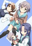  asakura_ryouko bad_id bad_pixiv_id blue_eyes blue_hair brown_eyes brown_hair cardigan doll glasses grey_hair kita_high_school_uniform long_hair looking_up maid mori_sonou multiple_girls nagato_yuki school_uniform serafuku short_hair suzumiya_haruhi_no_yuuutsu thighhighs twintails yuuji 