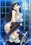  bad_id bad_pixiv_id black_hair black_legwear blue_eyes bracelet breasts chain cleavage hairband high_heels jewelry kumashiro_maya legs licking medium_breasts moon night seikimatsu_occult_gakuin shoes skull solo thighhighs torn_clothes uk-works wind 