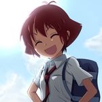  b3 backpack bad_id bad_pixiv_id bag closed_eyes hands_on_hips kanbara_satomi laughing saki smile solo tsuruga_school_uniform 