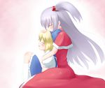  alice_margatroid alice_margatroid_(pc-98) blonde_hair blue_hairband blush capelet closed_eyes hair_bobbles hair_ornament hairband hug hug_from_behind kneehighs long_hair mille mother_and_daughter motherly multiple_girls shinki short_hair side_ponytail silver_hair sitting socks touhou touhou_(pc-98) white_legwear 