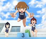  bad_id bad_pixiv_id black_eyes black_hair brown_eyes brown_hair falling from_below hair_bun highres marui_futaba marui_hitoha marui_mitsuba mitsudomoe multiple_girls name_tag oki_(oksam) one-piece_swimsuit school_swimsuit short_hair siblings sisters swimsuit tears twintails 