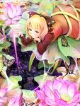  blonde_hair bow bug butterfly dress flower hair_bow insect kurodani_yamame lily_pad lotus red_eyes sai-go short_hair silk solo spider_web touhou 