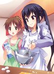  apron black_hair brown_eyes brown_hair cooking egg food food_on_face hair_ribbon hirasawa_ui k-on! milk milk_carton mixing_bowl multiple_girls nakano_azusa red_eyes ribbon senji_(tegone_spike) twintails whisk 