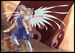  angel_wings blue_eyes braid carrying closed_eyes feathered_wings gustav_(telomere_na) hat highres izayoi_sakuya maid maid_headdress multiple_girls outstretched_arms pantyhose piggyback pointy_ears remilia_scarlet short_hair silver_hair spread_arms touhou twin_braids wings 