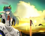  blue_hair brown_eyes cloud food fruit hat highres hinanawi_tenshi lens_flare long_hair peach shirawaki sky smile solo sun sword sword_of_hisou touhou weapon 