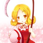  bita blonde_hair choker elly forehead hair_ornament hairclip hat hat_removed hat_ribbon headwear_removed holding holding_scythe ribbon scythe sleeveless solo sweat touhou touhou_(pc-98) yellow_eyes 