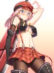  1girl alisa_ilinichina_amiella arm_up armpits black_legwear blue_eyes blush boots breasts elbow_gloves fingerless_gloves gloves god_eater god_eater_burst hat highres huge_weapon long_hair looking_down medium_breasts midriff navel pantyhose pink_hair skirt solo suspender_skirt suspenders sweat sword thigh_boots thighhighs underboob weapon yanagi_(tsukiakari) 