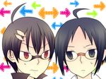  ahoge bad_id bad_pixiv_id black_hair blue_eyes cheren_(pokemon) directional_arrow glasses male_focus multiple_boys pokemon pokemon_(game) pokemon_bw pokemon_special red_eyes ruby_(pokemon) scar sweatdrop 