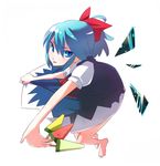  :p barefoot blue_eyes blue_hair blue_vert cirno food foreshortening popsicle ribbon solo tongue tongue_out touhou watermelon_bar wings 