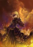  armor armored_dress artoria_pendragon_(all) bad_id bad_pixiv_id blonde_hair cloud dark_persona dress fate/stay_night fate/unlimited_codes fate_(series) faulds fire saber_alter shuiyituzi solo sword weapon yellow_eyes 