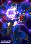  breasts clenched_hands electricity energy_ball granzon haganef large_breasts mecha_musume midriff silver_hair solo super_robot_wars super_robot_wars_the_lord_of_elemental text_focus underboob yellow_eyes 