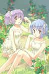  barefoot berries blue_hair brown_eyes dress eating flat_chest food fruit gooseberry hair_ribbon hands kneeling multiple_girls nature original purple_hair ribbon sitting sundress takigawa_yuu twintails 