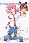  1boy 1girl akane_(pokemon) artist_request bad_id bad_pixiv_id blue_eyes blue_hair gen_2_pokemon gym_leader hair_over_one_eye hayato_(pokemon) holding holding_poke_ball hoothoot pink_eyes pink_hair poke_ball pokemon pokemon_(creature) pokemon_(game) pokemon_hgss twintails white_pupils 