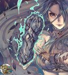  bare_shoulders blue_background blue_fire breasts brown_eyes brown_hair closed_mouth dungeon_and_fighter elbow_gloves fighter_(dungeon_and_fighter) fire floating_rock gloves grey_gloves hair_between_eyes hair_over_one_eye lips long_hair looking_at_viewer low-tied_long_hair medium_breasts nen_master_(dungeon_and_fighter) official_art rock serious simple_background solo upper_body very_long_hair yi_lee 