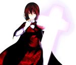  bad_id bad_pixiv_id bow cape colored_eyelashes cross eyelashes glowing hand_on_own_face okazaki_yumemi red red_eyes red_hair short_hair skirt smile solo touhou touhou_(pc-98) 