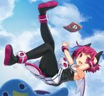  bad_id bad_pixiv_id black_legwear day disgaea falling hitoya_(kitani) horns makai_senki_disgaea_3 open_mouth panties panties_under_pantyhose pantyhose pantyshot pointy_ears prinny purple_eyes raspberyl sailor_collar school_uniform serafuku sky smile solo underwear upskirt white_sailor_collar 