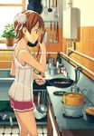  bamboo_steamer bottle brown_eyes brown_hair bun_cover camisole chopsticks cooking cutting_board day food fork frying_pan indoors katou_akatsuki kitchen knife ladle licking morning_on_earth plant pot profile shadow short_hair shorts solo spatula spoon tasting tiles tongue window wok 