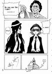 akiyama_mio church comic crossover dancing formal greyscale hard_translated hat highres james_brown jumping k-on! microphone monochrome multiple_girls musical_note necktie pant_suit pointing reverend_cleophilus_james shiwasu_no_okina suit sunglasses tainaka_ritsu the_blues_brothers translated 