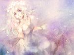  bare_shoulders blonde_hair blue_eyes dress flower gloves long_hair macross macross_frontier outstretched_hand petals sheryl_nome sleeveless solo tamachi_kuwa wavy_hair wreath 