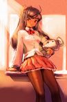  ahoge bow bow_(bhp) brown_hair hair_bow legs long_hair original pantyhose red_eyes school_uniform skirt solo stuffed_animal stuffed_toy teddy_bear 