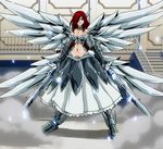  armor armored_dress boots breasts brown_eyes cleavage dual_wielding erza_scarlet fairy_tail gauntlets holding large_breasts midriff navel red_hair screencap solo sword weapon wings 
