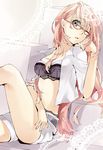  bad_id bad_pixiv_id bespectacled blue_eyes booota bra chin_rest glasses highres lace lace-trimmed_bra lace-trimmed_panties leg_up lingerie long_hair megurine_luka nail_polish one_eye_closed open_clothes open_shirt panties pink_hair pink_nails red-framed_eyewear shirt shorts sitting skindentation solo underwear vocaloid 