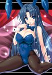  animal_ears asakura_ryouko blue_eyes blue_hair blush breasts bunny_ears bunnysuit cleavage finger_to_mouth large_breasts long_hair naughty_face navel noritama_(gozen) pantyhose solo suzumiya_haruhi_no_yuuutsu tongue wrist_cuffs 