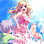  2boys air barefoot blonde_hair blue_eyes blush child dress feet good_end if_they_mated kamio_misuzu kunisaki_yukito long_hair multiple_boys oekaki splashing sundress water zen 