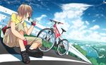 aihara_kaichi antenna_hair bad_id bad_pixiv_id bag bicycle bottle brown_hair cloud day fingerless_gloves gloves ground_vehicle guard_rail original outdoors satchel scenery shoes short_hair shorts sitting sky sneakers solo water_bottle 