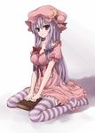  :o alternate_costume book bow crescent dress hair_bow hat long_hair open_mouth patchouli_knowledge pink_dress purple_eyes purple_hair robe sitting solo striped striped_legwear thighhighs touhou utakata_(kochou_no_yume) wariza zettai_ryouiki 