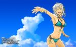 bikini blue_background blue_bikini bracelet breasts cleavage copyright_name front-tie_top groin hairband jewelry large_breasts logo navel official_art one_eye_closed rondoline_e_effenberg side-tie_bikini smile swimsuit tales_of_(series) tales_of_phantasia tales_of_phantasia:_narikiri_dungeon_x wallpaper 