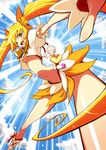  :d arched_back blonde_hair blue_background boots bow breasts brown_eyes cure_sunshine gloves hair_ribbon happy heart heartcatch_precure! instrument knee_boots long_hair magical_girl medium_breasts midriff myoudouin_itsuki navel open_mouth orange_bow orange_skirt perspective precure ribbon shiny_tambourine shirono skirt smile solo tambourine twintails underboob very_long_hair yellow_eyes 
