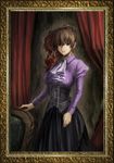  brown_eyes brown_hair cowboy_shot cravat dress earrings frame highres jewelry looking_at_viewer matokichi painting_(object) ponytail portrait_(object) solo standing umineko_no_naku_koro_ni ushiromiya_natsuhi 