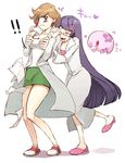  2girls araragi_(pokemon) bad_id bad_pixiv_id blue_eyes blush breast_grab breasts brown_hair cleavage closed_labcoat earrings female_pervert flower gen_5_pokemon glasses grabbing hair_flower hair_ornament hair_up hairclip haruha_(aeropolis) jewelry labcoat legs long_hair makomo_(pokemon) medium_breasts miniskirt multiple_girls munna no_socks paper pencil_skirt pervert pokemon pokemon_(creature) pokemon_(game) pokemon_bw purple_hair short_hair skirt very_long_hair yuri 