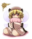  blonde_hair crescent drill_hair hat luna_child pillow pillow_hug red_eyes solo star sugiura sun_(symbol) touhou wings 