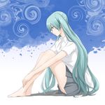  aqua_eyes aqua_hair barefoot feet hands_on_feet haru20 hatsune_miku leg_hug legs long_hair sitting skirt solo twintails very_long_hair vocaloid 