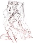  greyscale guilty_gear guilty_gear_2 hat knee_up lineart long_sleeves looking_at_viewer monochrome necktie simple_background solo tareme tassel thighhighs valentine_(guilty_gear) white_background zettai_ryouiki 