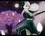  blue_eyes cherry_blossoms full_moon ghost highres konpaku_youmu konpaku_youmu_(ghost) letterboxed moon night petals shirawaki silver_hair sky solo sword touhou tree weapon 