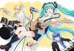  2girls aqua_eyes aqua_hair blonde_hair blue_hair blue_scarf drum guitar hatsune_miku headphones hyakuen_raitaa instrument kagamine_len kagamine_rin kaito keyboard_(instrument) legs microphone microphone_stand multiple_boys multiple_girls necktie plaid plaid_skirt scarf school_uniform short_hair skirt smile twintails vocaloid 