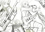  ashitaba_sakura black_hair bokura_wa_piacere concert greyscale guitar hasukawa_mizuki instrument monochrome multiple_girls painpa short_hair sketch skirt striped striped_legwear suzuki_ayaka takano_kotoko thighhighs uniform 