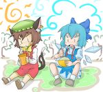  animal_ears bad_id bad_pixiv_id banned_artist blue_hair bow brown_hair cat_ears cat_tail chen cirno cup dress drinking_straw earrings eating eyebrows hair_bow hat ice jewelry littleshrimp multiple_girls multiple_tails shaved_ice shoes short_hair socks tail touhou wings 