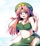  belly bespectacled bikini_top blue_eyes blush braid breasts fang glasses hat hong_meiling long_hair medium_breasts plump red_hair smile solo tekehiro touhou translated twin_braids 