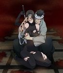  1girl bandage_over_one_eye bandages bare_shoulders black_hair bleeding blood breast_grab breasts covering_another's_eyes elbow_gloves forehead_protector genderswap gloves grabbing groping large_breasts long_hair naruto naruto_(series) nipples pantyhose puffy_nipples red_eyes sheath shimura_danzou sitting spandex squatting torn_clothes torn_legwear uchiha_itachi unsheathing weapon zokenwatarushi 