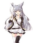  anapom animal_ears bangs belt black_jacket black_legwear blunt_bangs blunt_ends blush breasts cleavage collarbone collared_dress commentary_request cowboy_shot dress erune fang gold_trim granblue_fantasy hair_ornament hair_spread_out hand_up highres jacket korwa large_breasts long_hair long_sleeves looking_at_viewer mismatched_legwear open_clothes open_jacket pleated_dress quill ribbed_dress short_dress sidelocks silver_eyes silver_hair skindentation smile solo thighhighs white_background white_legwear 