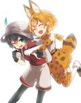  animal_ears animal_print backpack bag bangs black_gloves black_hair black_legwear blonde_hair bloom blue_eyes bow bowtie closed_eyes fang gloves hair_between_eyes happy hat hat_feather helmet highres hug hug_from_behind jumping kaban_(kemono_friends) kemono_friends multiple_girls nuqura one_eye_closed open_mouth pantyhose pith_helmet red_shirt serval_(kemono_friends) serval_ears serval_print serval_tail shirt shoes short_hair shorts simple_background skirt tail thighhighs white_background white_footwear white_shirt yellow_skirt 