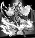  breasts cameltoe claws collar demon_girl earrings fangs fire greyscale horns iwako jewelry long_hair monochrome navel nipples original pointy_ears revealing_clothes small_breasts solo tail thighhighs weapon wings 