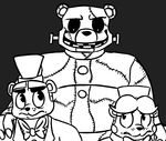  2016 animatronic anthro bear black_and_white bolts bow_tie bubba_(fnaf) five_nights_at_freddy&#039;s five_nights_at_freddy&#039;s_2 freddy_(fnaf) grey_background group hand_on_shoulder hat inkyfrog machine male mammal monochrome robot simple_background stitches top_hat toy_freddy_(fnaf) video_games 